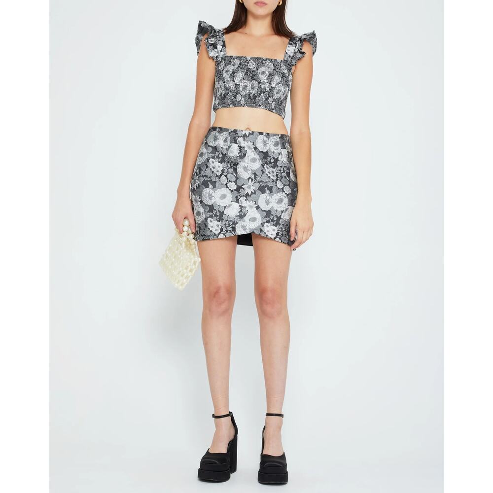 Kourt Tala Floral Smocked Crop Top Mini Skirt Set Black Size M NWT